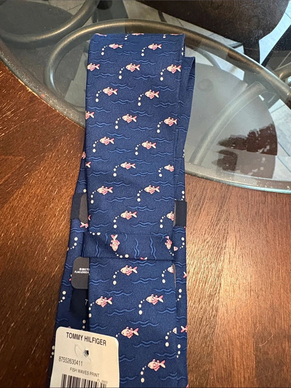 Tommy Hilfiger Navy Silk Tie with Pink Fish Motif